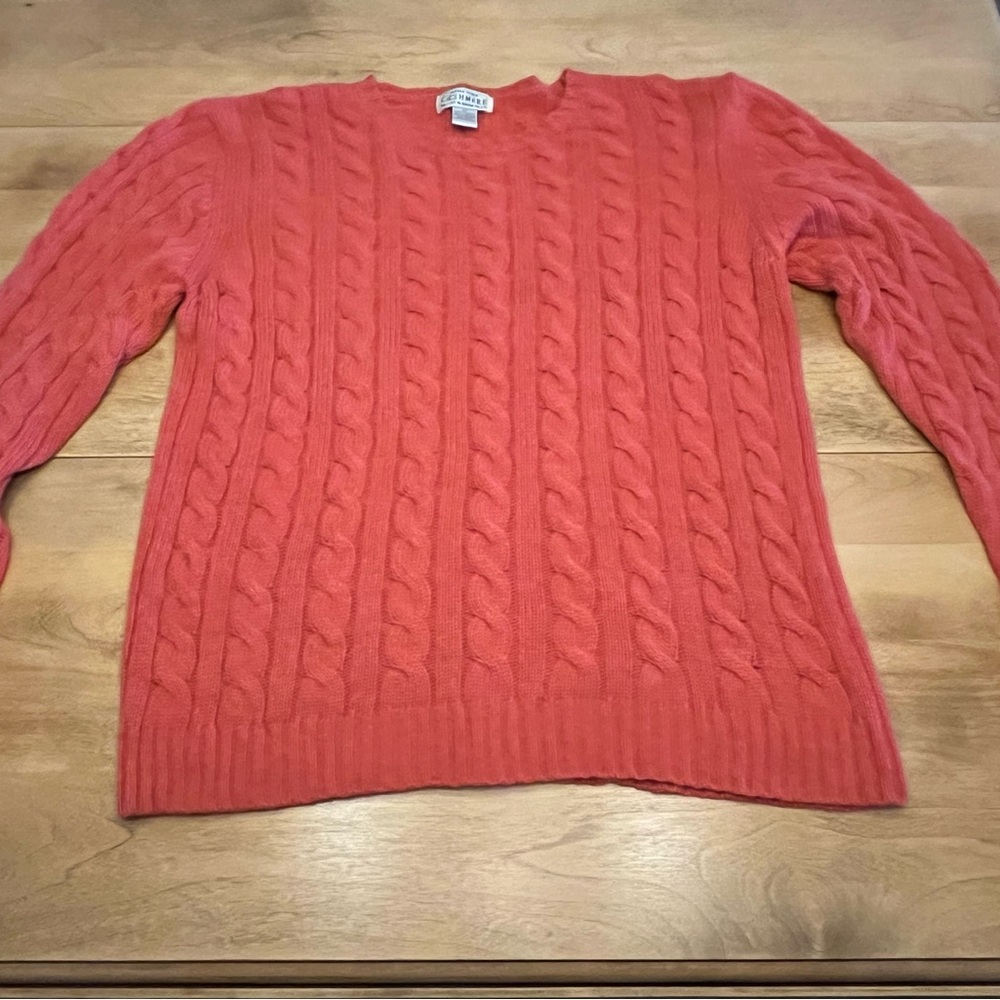 Sutton Studio Crew Neck Cable Knit Sweater in a Muted Orange